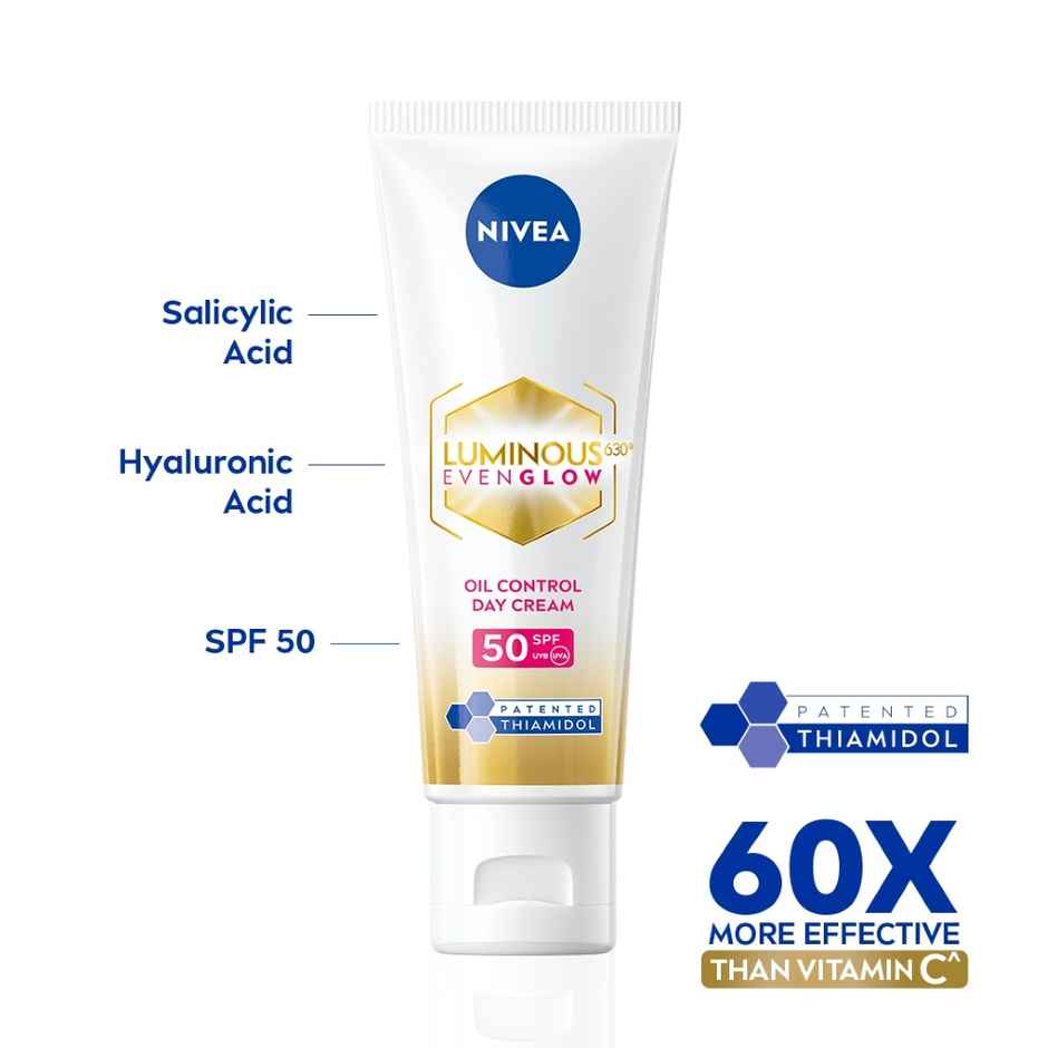 Nivea Luminous Even Glow Oil Control Serum| Thiamidol, Salicylic, Hyaluronic Acid| Reduces Dark Spot (40ml) & Nivea Luminous Even Glow Face Wash | Oil Free Formula, Aha, Aloe Vera, Guarana Extract | Deep Clean (100ml) & Nivea Luminous Even Glow Oil Control Day Cream Spf 50,Thiamidol |Uv Protection & Reduces Dark Spots (40ml) & Nivea Luminous Even Glow Night Cream |Thiamidol & Hyaluronic Acid |Moisturizes & Reduces Dark Spots (40ml) Combo