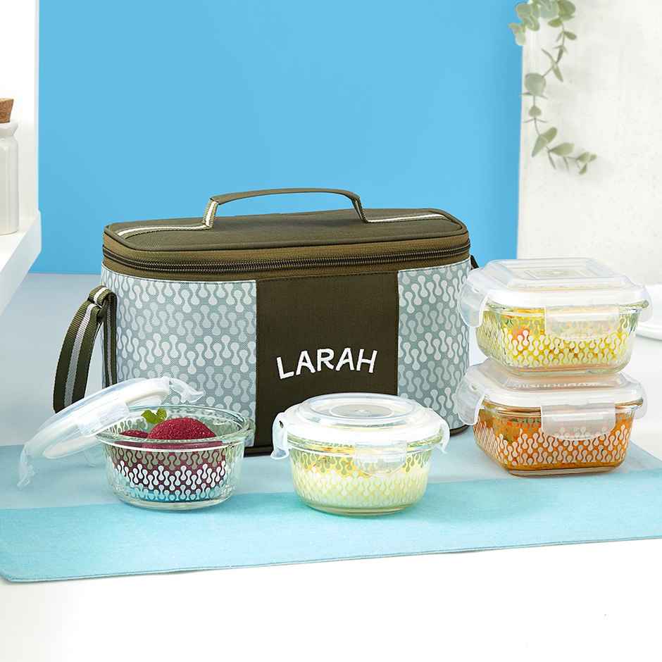 Larah Glassware Gracia Borosilicate Glass Lunchbox | 4pc - 320ml - 2 Square | 240ml - 2 Round