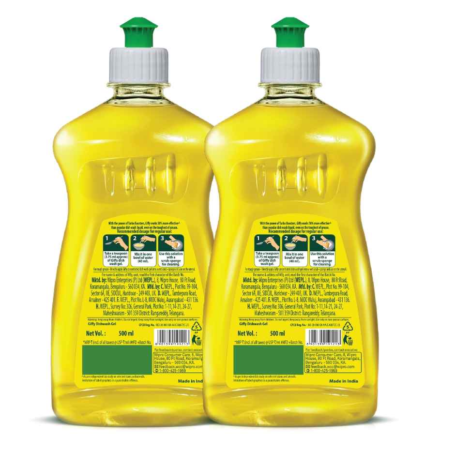 Giffy Concentrated Liquid Dish Wash Gel, Active Salt and Lime - 2X Faster Tough Grease Removal