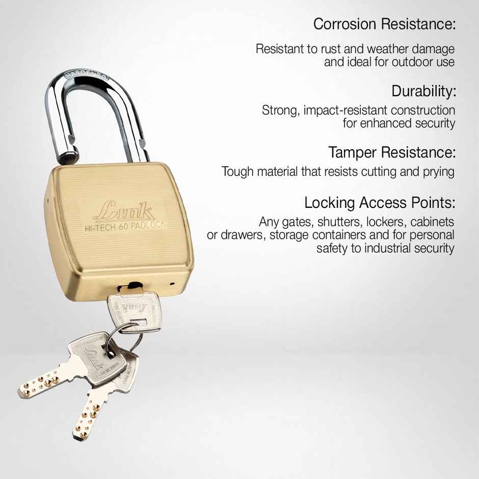 Link Brass Double Lock HT-60mm Padlock with Hardened Shackle & 3 Hi ...