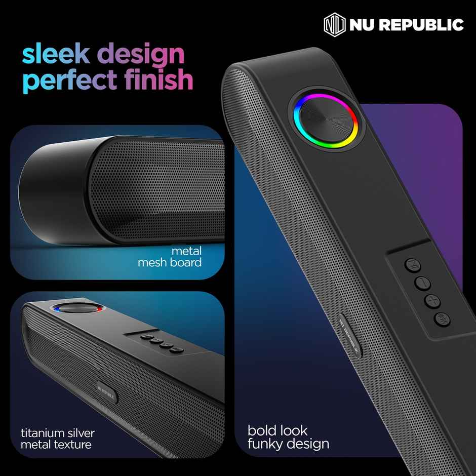 Nu Republic Partybox161 | 10H Playtime | 52mm Driver | RGB Lights | 16W Bluetooth Soundbar - Black