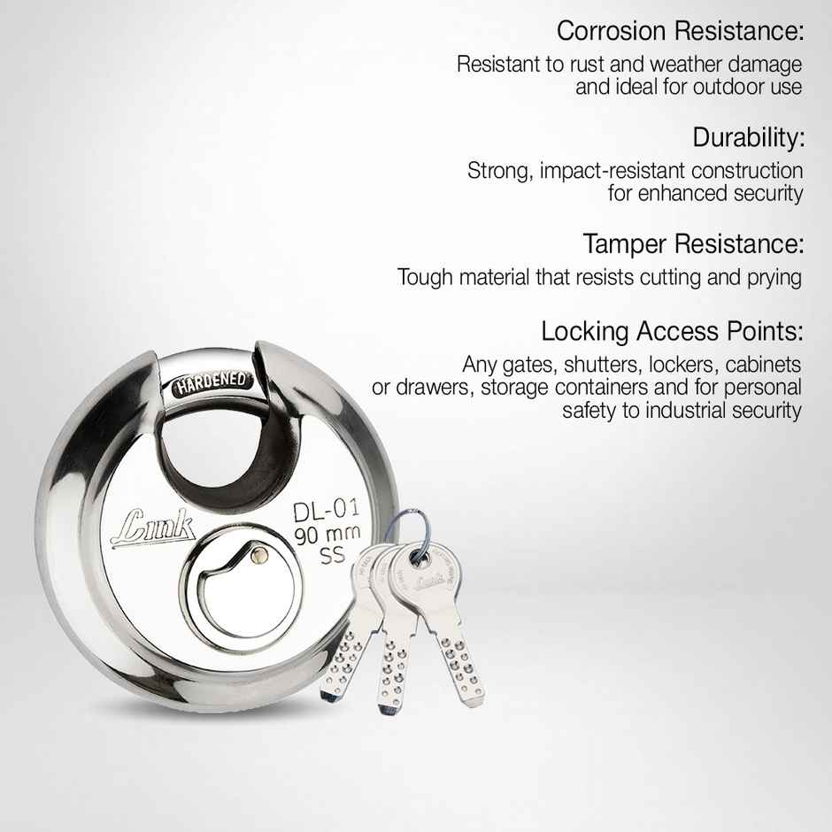 Link Stainless Steel Disc Lock DL-01 90mm with Hardened Shackle & 3 Nickel Silver Keys
