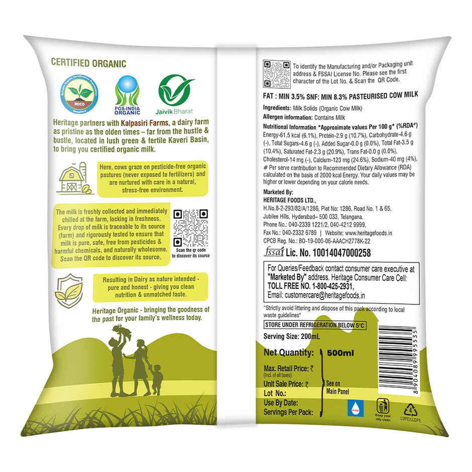 Heritage Organic Cow Fresh Milk  | Pouch