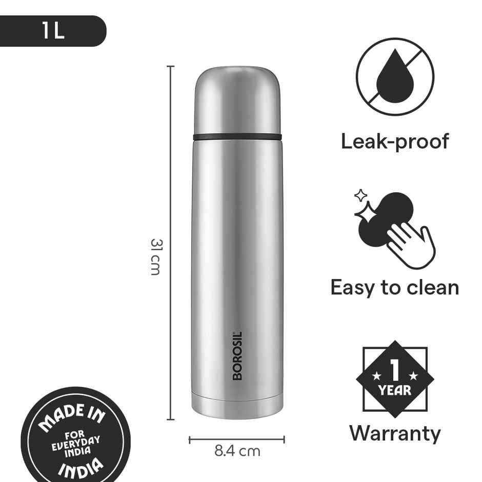 Borosil Thermo BIS Approved Stainless Steel Bottle with Bag | Black - 1 L