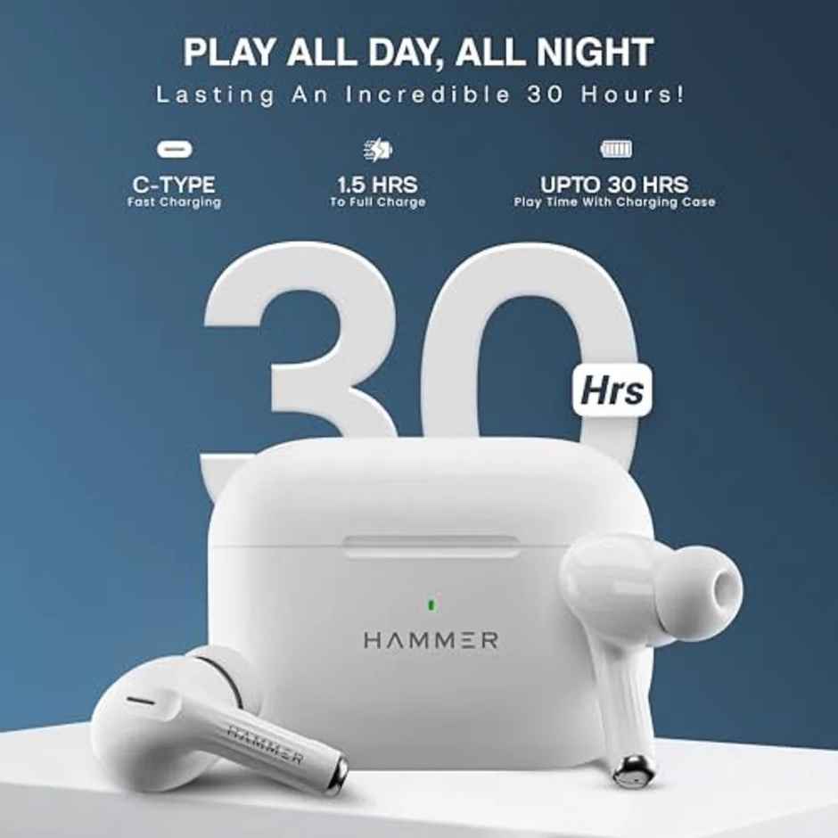 Hammer Aeromax ANC - 32Db TWS, BT v5.4, Low Latency, In-Ear Bluetooth Earbuds - White