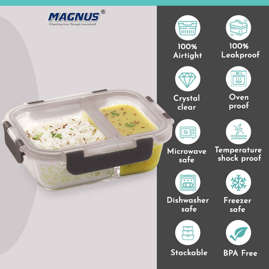 Magnus Glock 580 ml Divider Grey Container with Airtight Lid & Detachable Lock, Borosilicate Glass