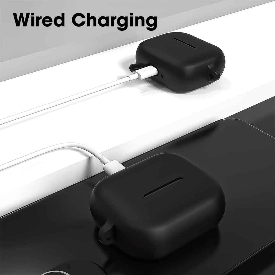 Sounce Earphone Case Cover for Boat Airdopes 161 | Shockproof Silicone Case with Keychain | Black