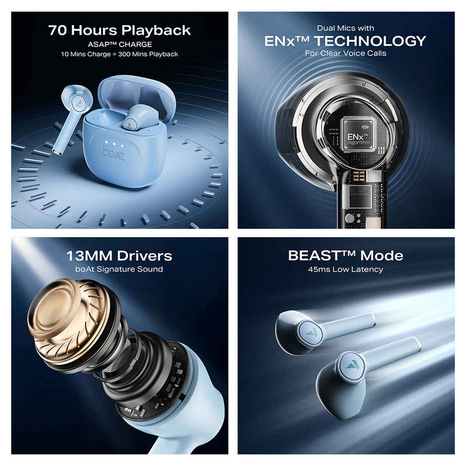 boAt Airdopes 131 Gen 2 TWS, 70H Battery, Beast Mode, 45 ms Low Latency, BT Earbuds | Ice Blue