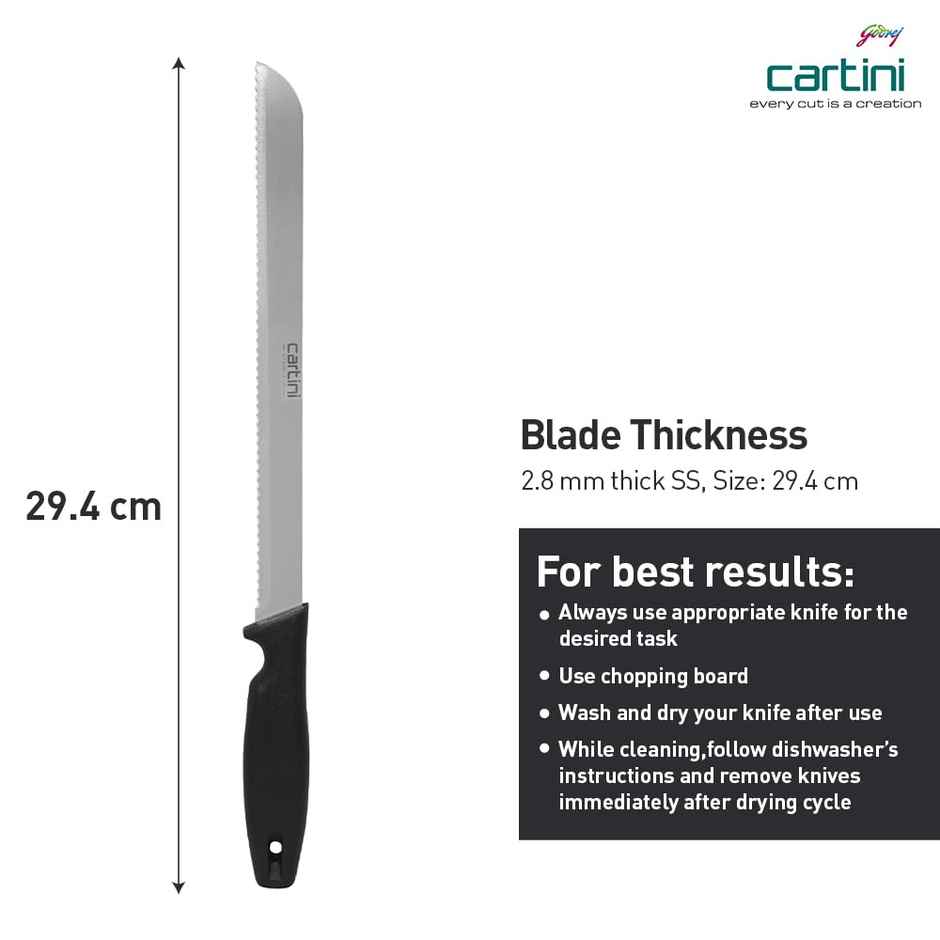 Godrej Cartini Classic Bread Knife 13.9 inch Stainless Steel | Black