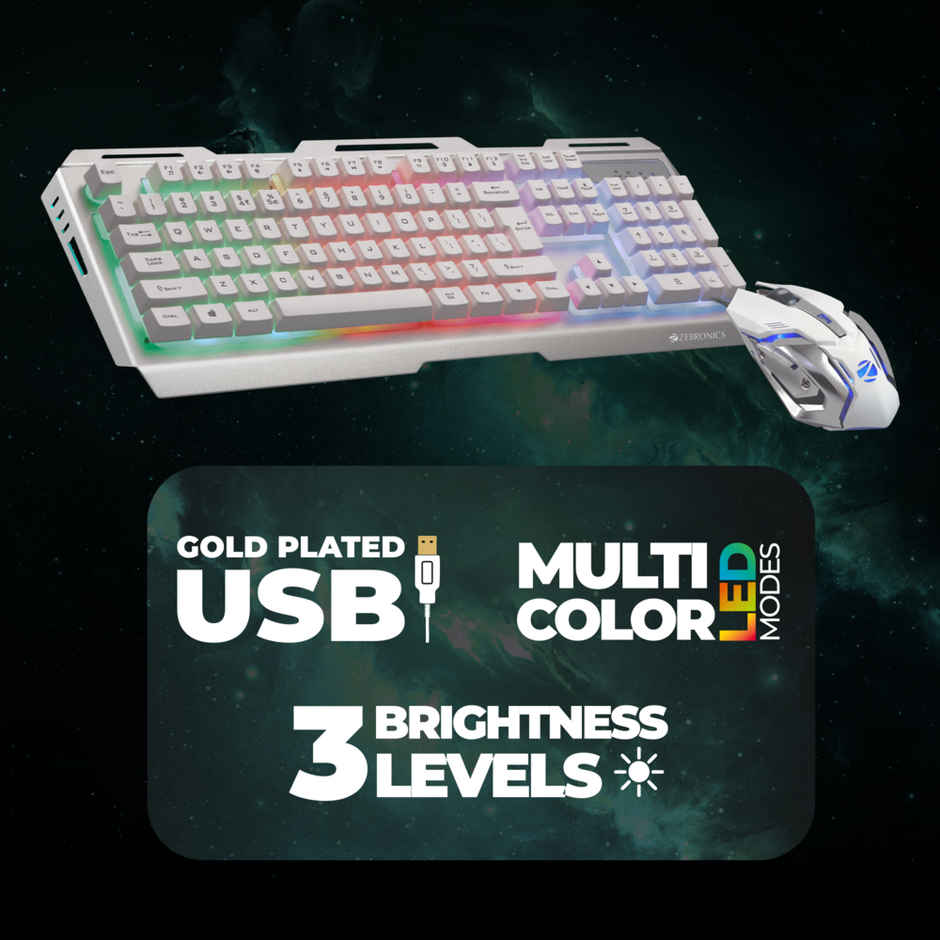 ZEBRONICS Transformer USB Gaming Keyboard & Mouse Combo,Braided Cable,Durable Al Body,Multimedia Keys & Gaming Mouse with 6 Buttons,Multi-Color LED Lights,High-Resolution Sensor with 3200 DPI - White