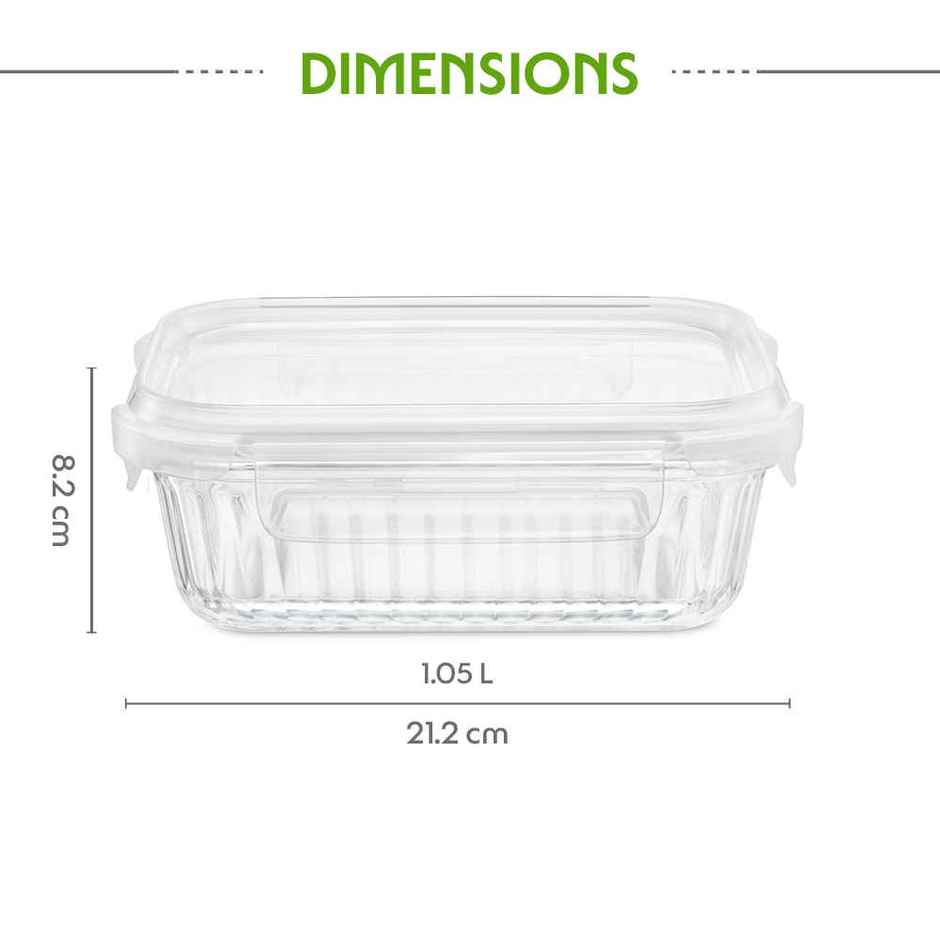 Borosil Fluted Klip N Store Rectangle Food Storage Container Borosilicate Glass Microwave Safe