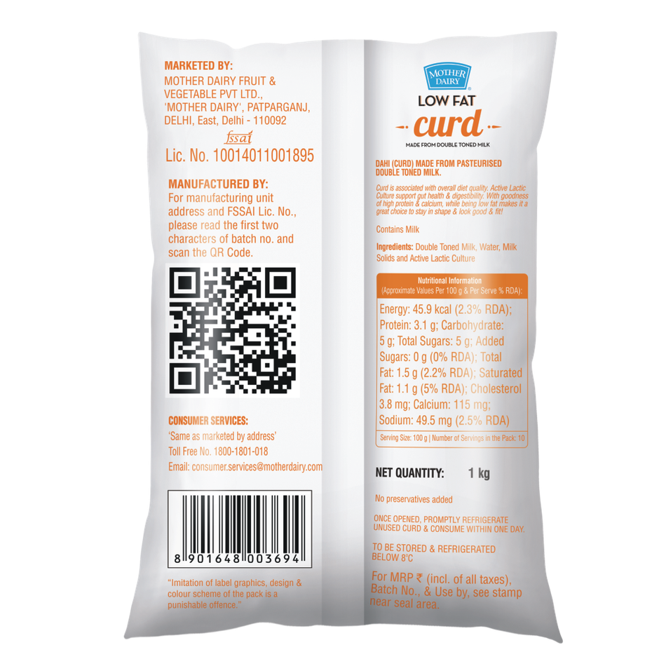 Mother Dairy Low Fat Curd Pouch