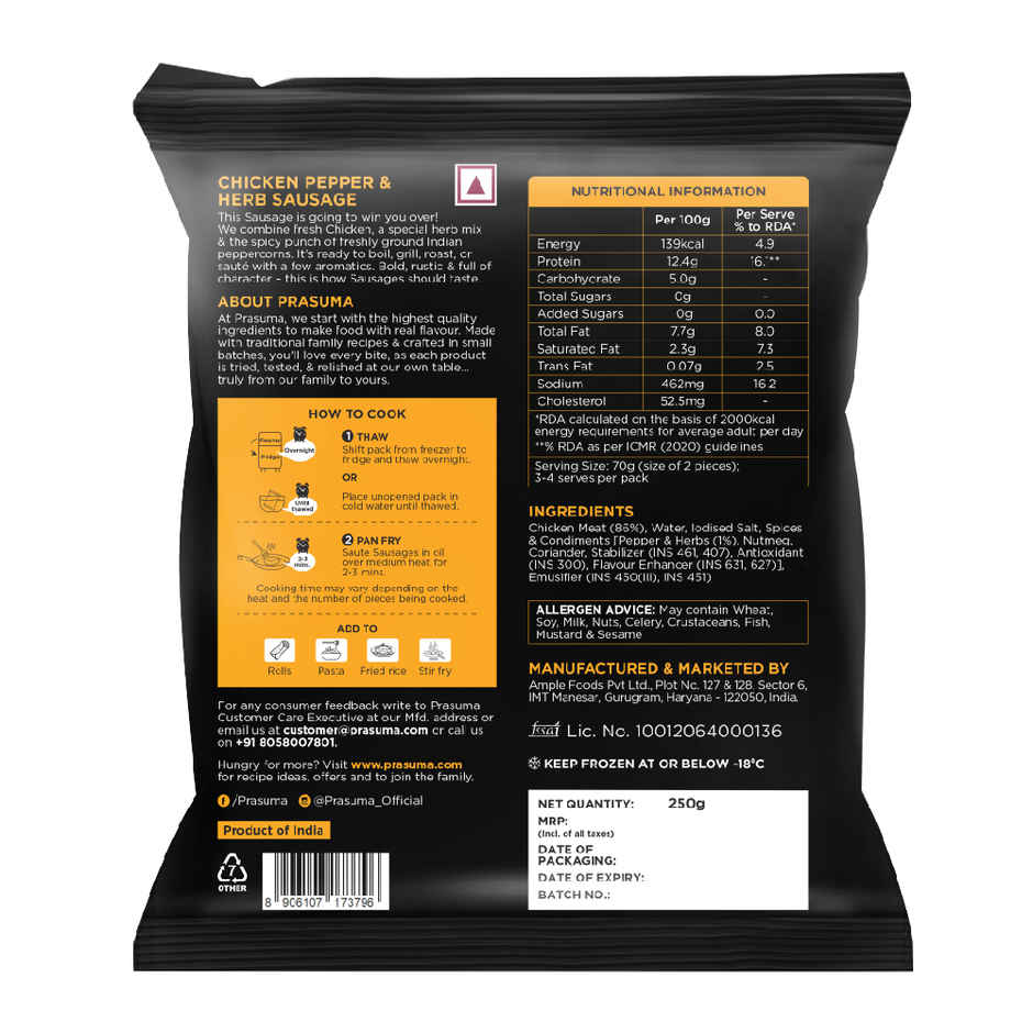 Prasuma Chicken Pepper & Herb Sausage High Protein 250g | No Preservatives | Fresh Chicken