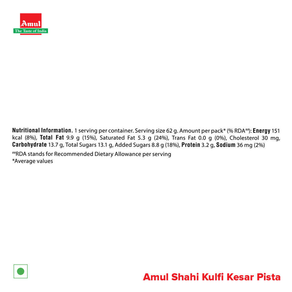 Amul Shahi Matka Kulfi Kesar Pista Ice Cream