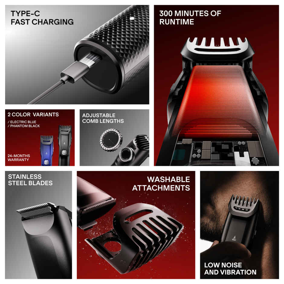 boAt Slazer S100 Beard Trimmer | 300 min Runtime | Fast Charging | Adjustable Comb | Phantom Black
