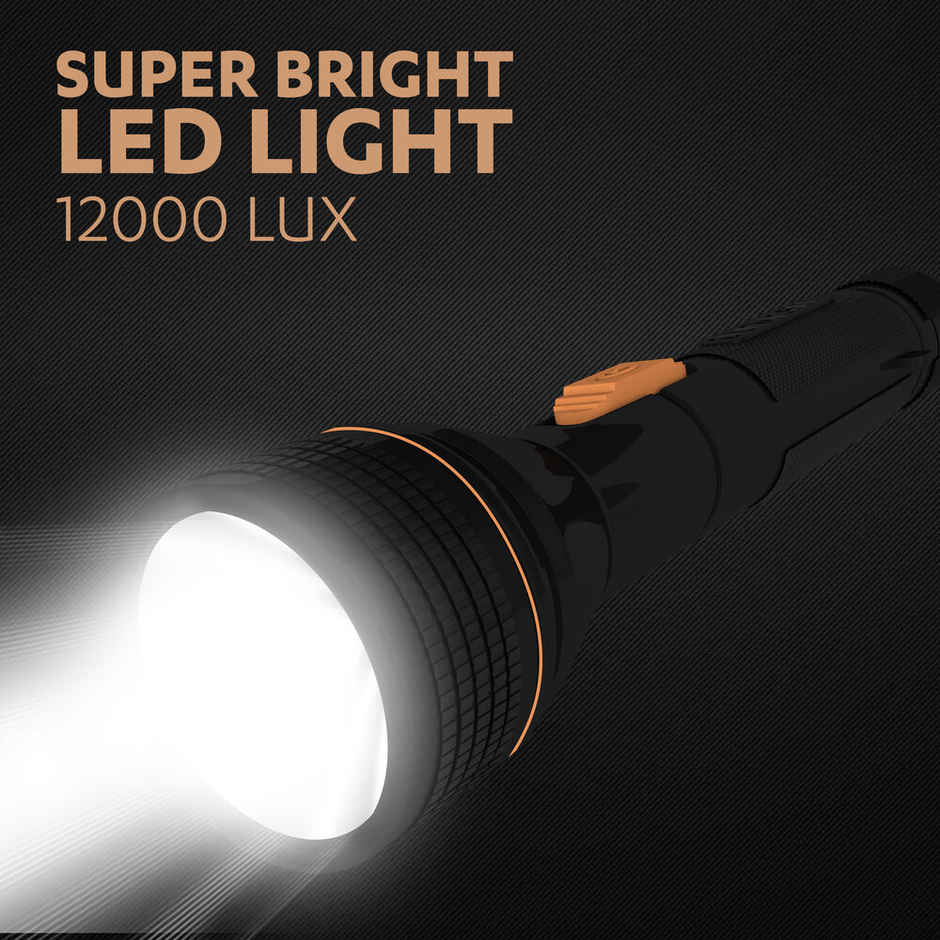 Duracell LED Torch Light | Super Bright | 12000 LUX | Ultra-Light & Large Reflector | 3AA Batteries | Black