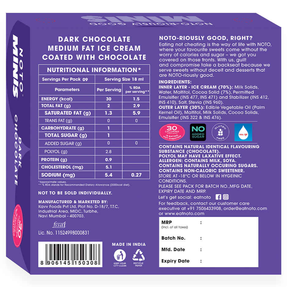 NOTO Dark Chocolate Minis Sugar Free, Guilt Free Ice Cream | Combo