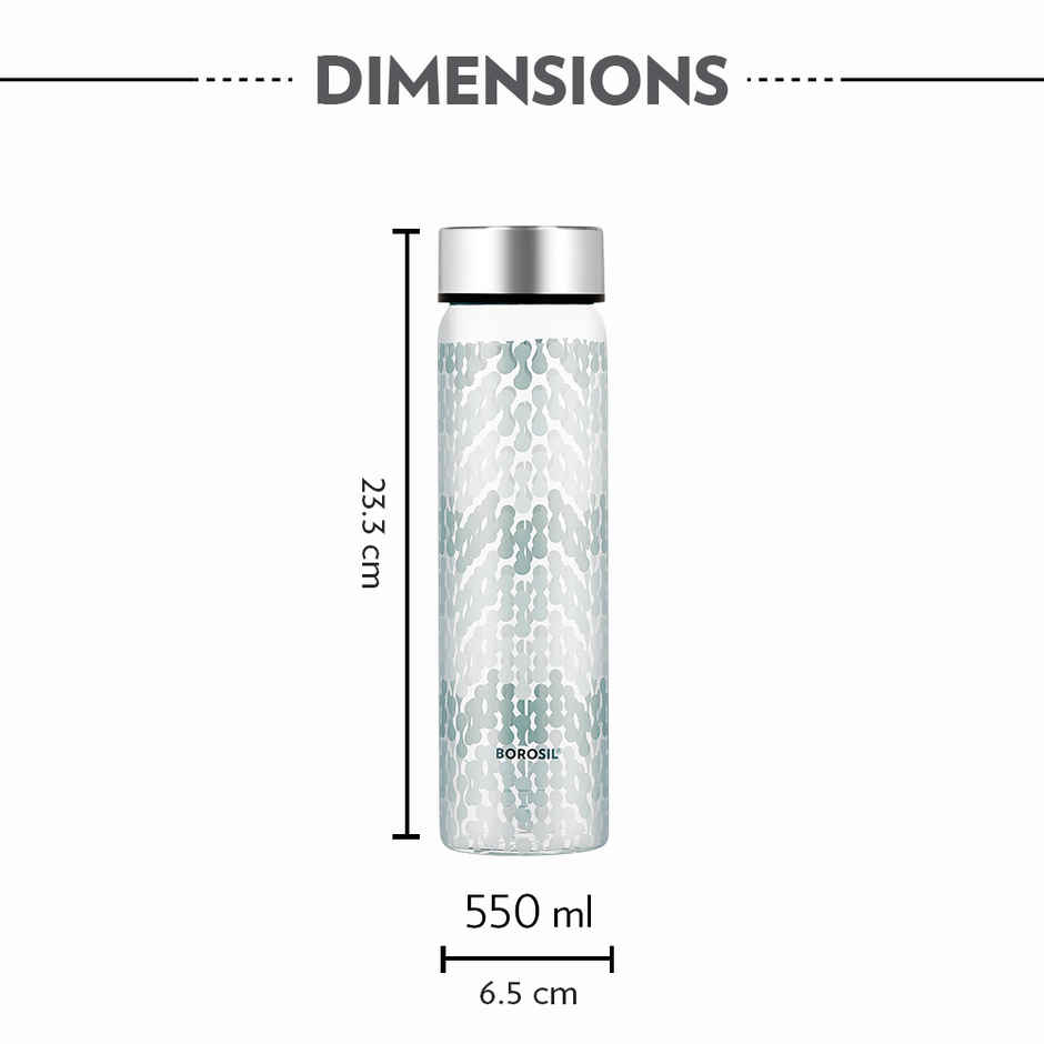 Borosil Vista Wide Mouth Bottle with Metal Lid Borosilicate Glass Dishwasher Safe