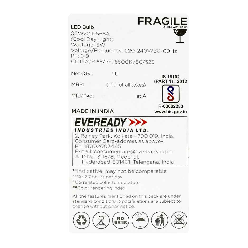 Eveready 5 W LED Bulb Cool Day White | 6500K | B22 Base Holder