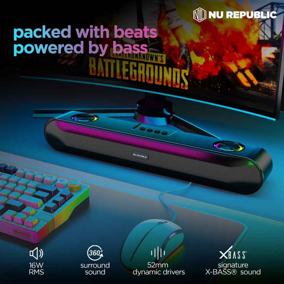 Nu Republic Partybox161 | 10H Playtime | 52mm Driver | RGB Lights | 16W Bluetooth Soundbar - Black