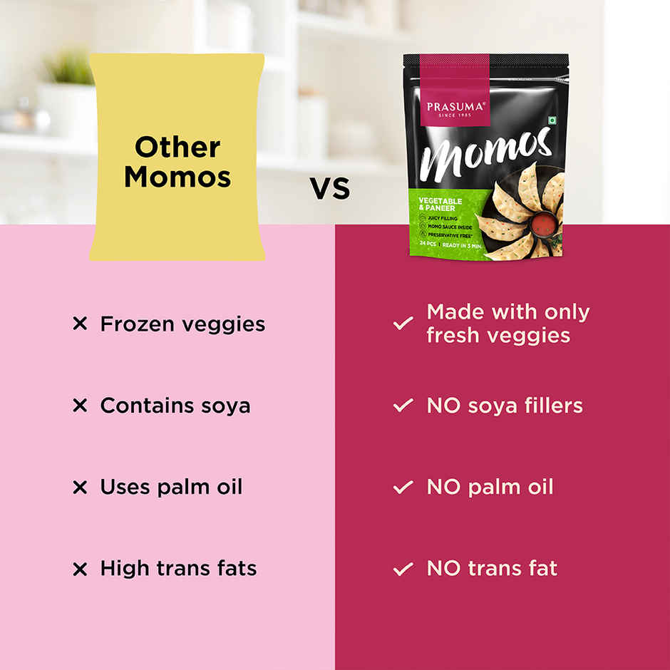 Prasuma Veg & Paneer Momos, 10 pcs | No Preservatives, MSG or Palm Oil | Only Fresh Paneer & Veggies