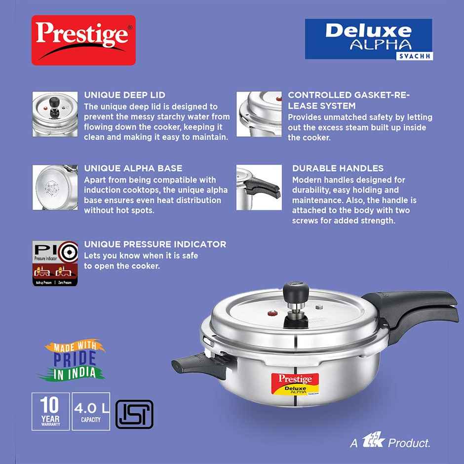 Prestige Deluxe Alpha Svachh Stainless Steel Senior Pan Pressure Cooker Control Deep Lid 4 L Silver