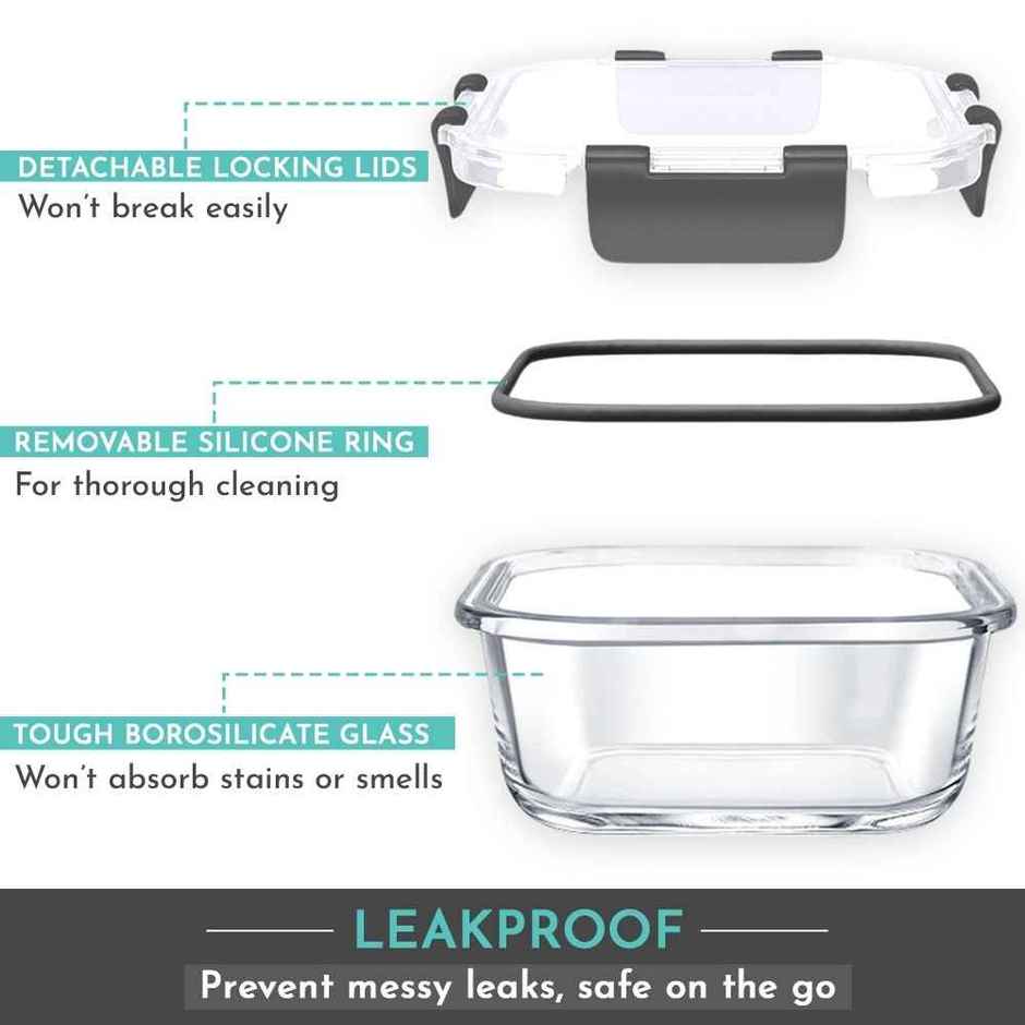Magnus Glock Solid Lunch Box With Bag, 3pc Square Containers (320 ml Each), Borosilicate Glass Tiffin