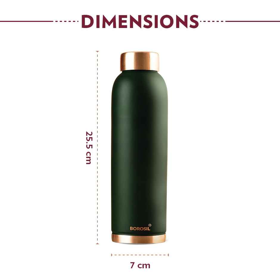 Borosil 1 L Colour Copper Bottle, Green, 100% Pure Copper, Bpa Free & Leakproof