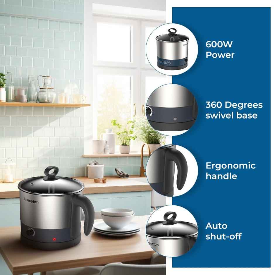 Crompton Multi-Purpose Kettle 1 Ltr Temperature Control Knob | 360-Degree Swivel Base