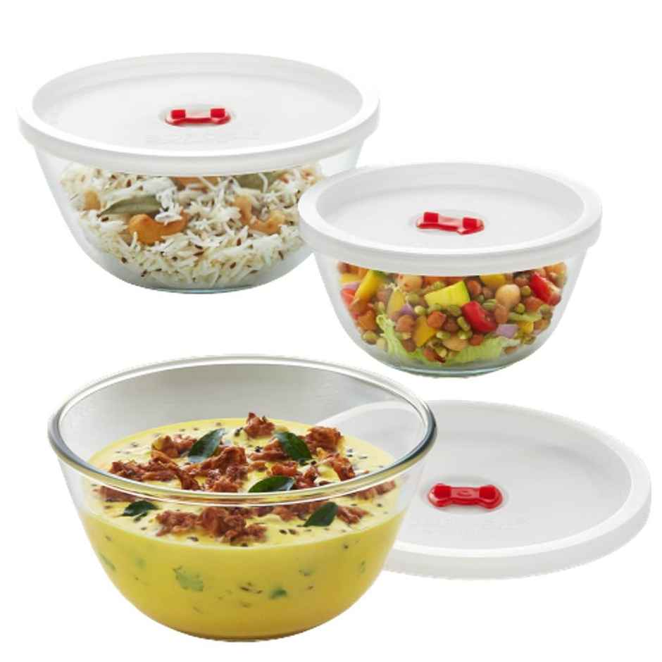 Borosil Glass Serving & Mixing Bowls With Lids, Set of 3 (500 ml + 900 ml + 1.3 L)