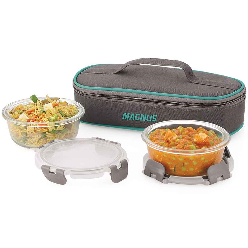 Magnus Glock Solid Glass Lunch Box- Flat Pouch- Detachable Clip-2 Round Containers-400Ml Each -Grey