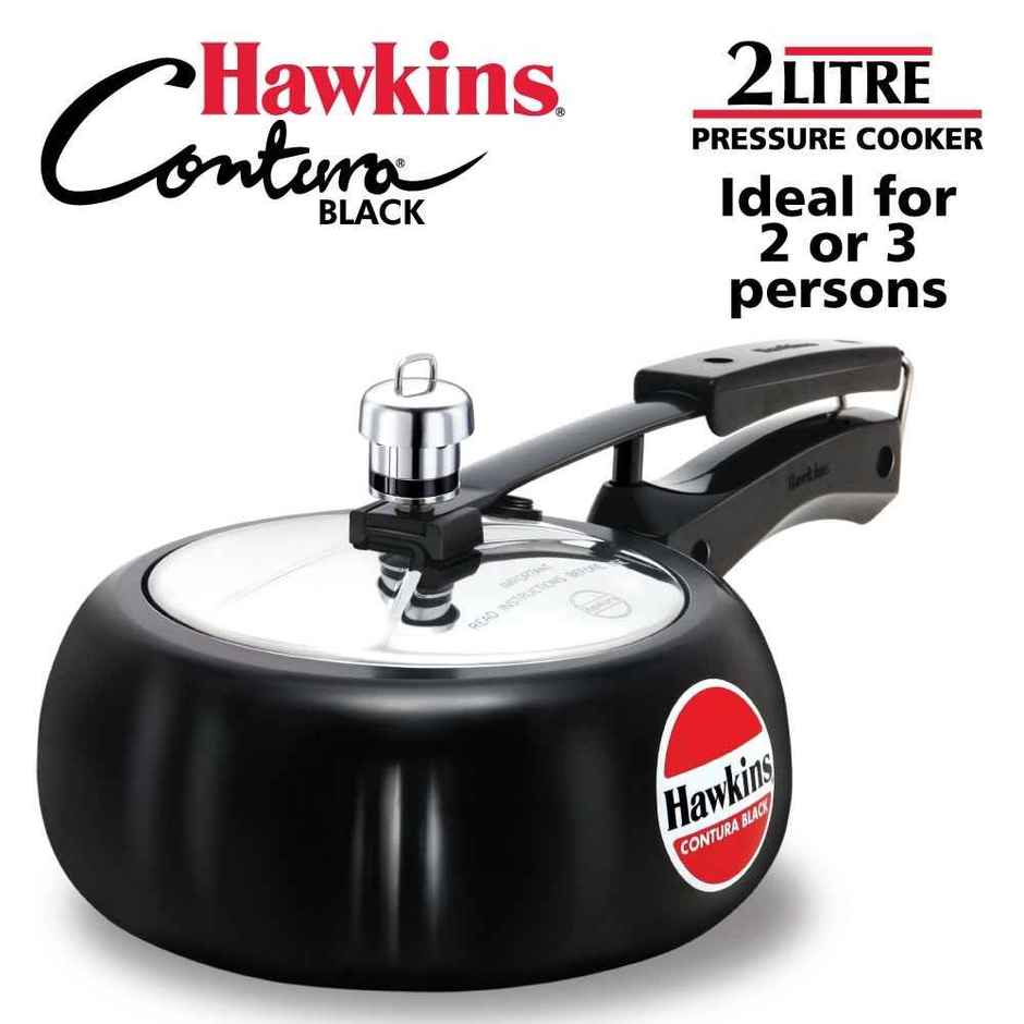 Hawkins 2 Litre Contura Black Non - Induction Pressure Cooker Hard Anodised Inner Lid Cooker Small - Black