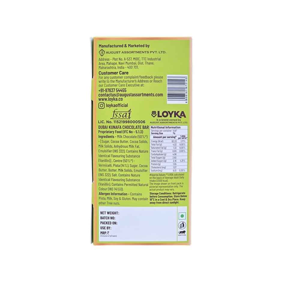 Loyka Dubai Kunafa Pistachio Milk Chocolate Bar