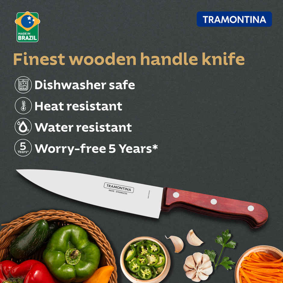 Tramontina Polywood Stainless Steel Chef Knife/,15.2cm/6 inch | Straight/Plain Edge Knife | Treated Brazilian Polywood Handle | Impact Resistant | Heat Resistant |Dishwasher Safe | 5 Year Warranty