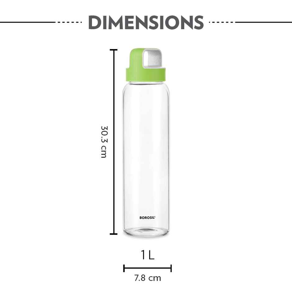 Borosil 1L Neo Glass Water Bottle With Husk Green Lid, Borosilicate Glass Bottle