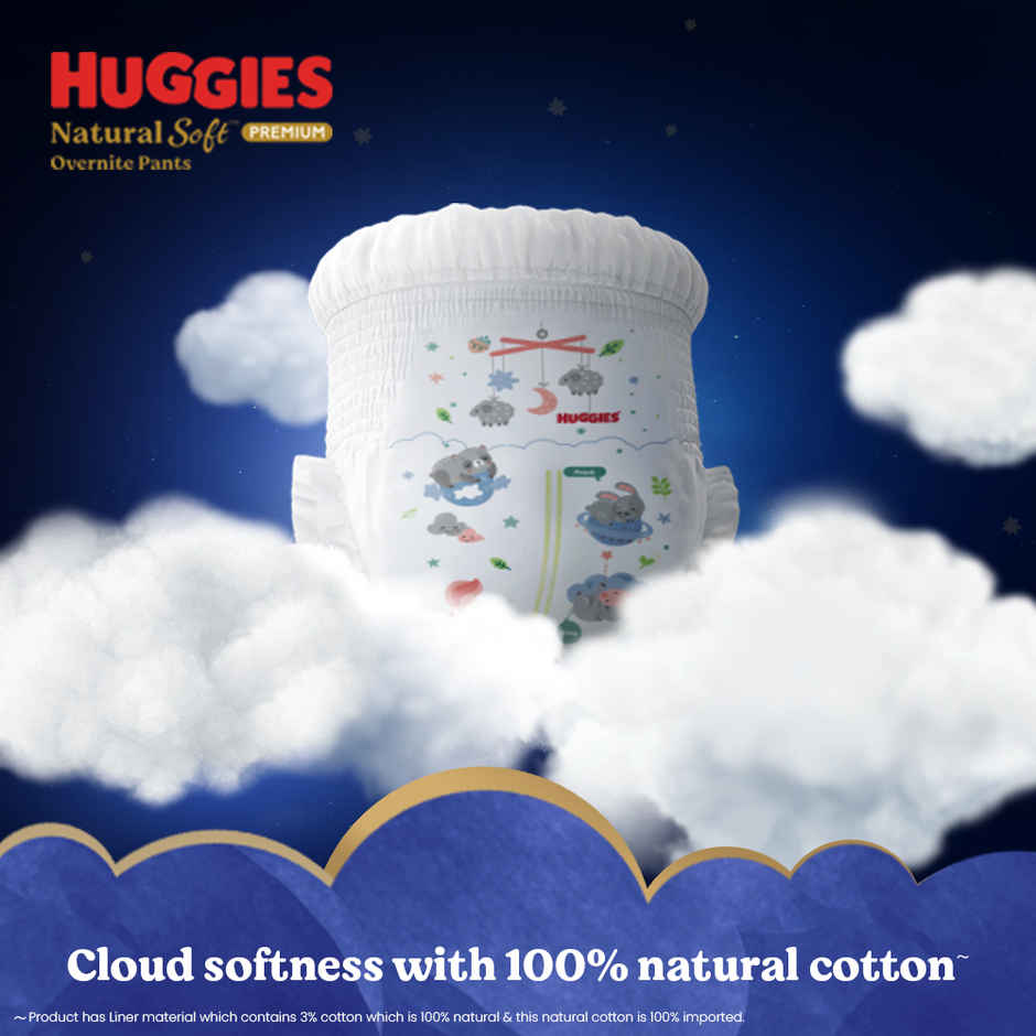 Huggies Natural Soft Overnite Premium Baby Diapers | XL | Keeps baby dry all night with cloud softness