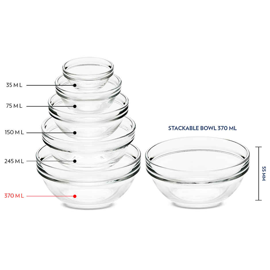 Borosil Stackable Bowl Set (377 ml)| Borosilicate Glass | Microwave & Dishwasher Safe