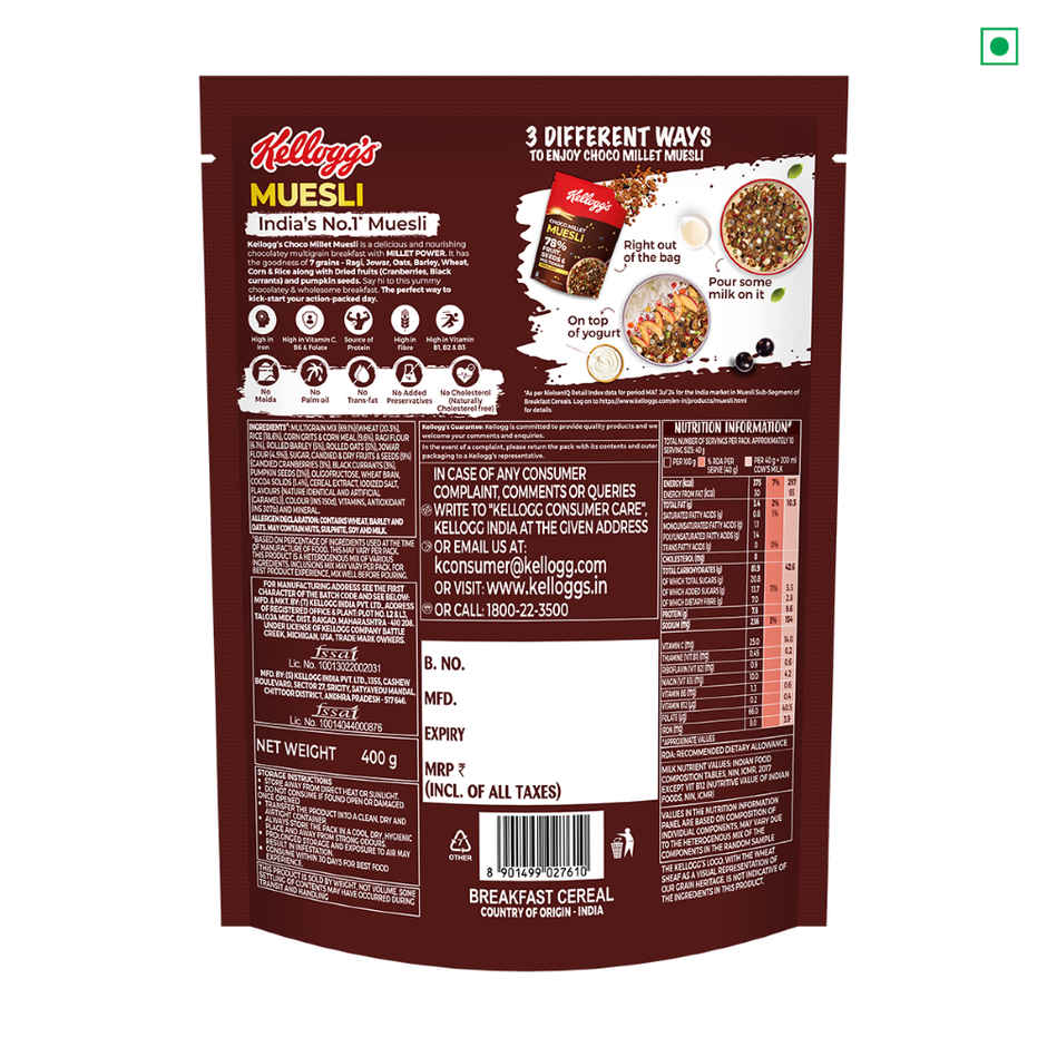 Kellogg's Choco Millet Muesli 78% Fruit, Seeds and Multigrain|Power Breakfast|No Maida No Palm Oil