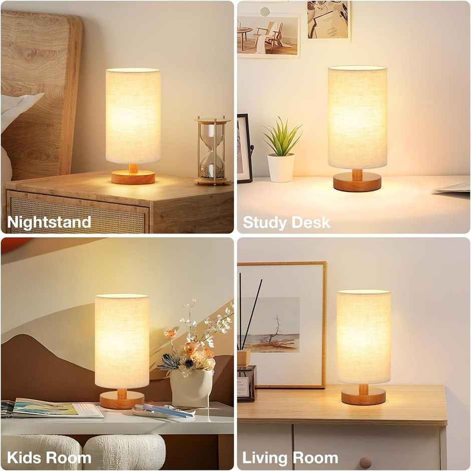 Desidiya Wooden Cylindrical Shade Bedside LED Table Lamp Side Table Lamp for Bedroom & Living Room