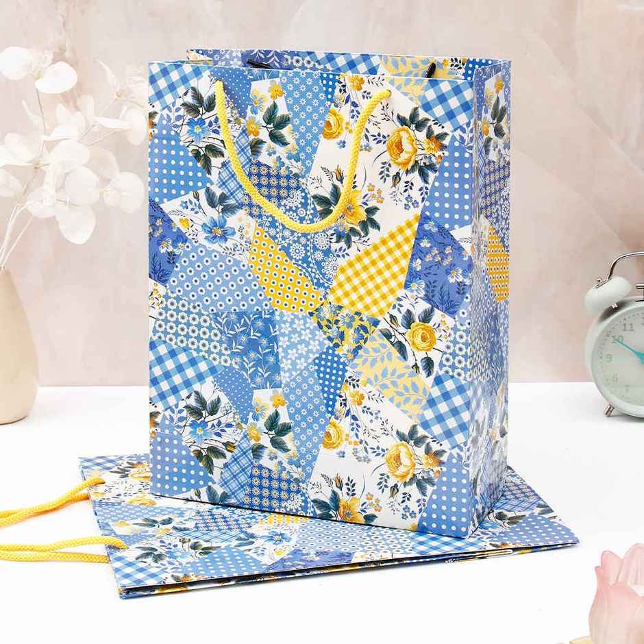 Archies Blue Patchwork Floral Print Paper Bag | Large