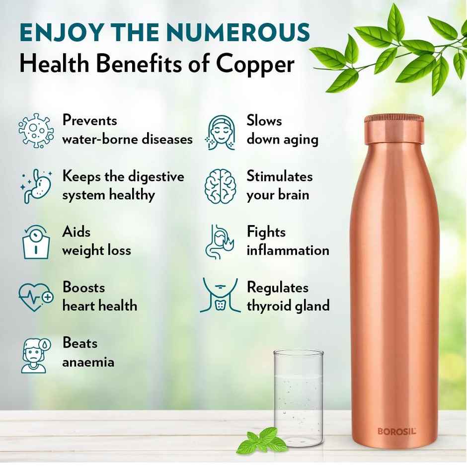 Borosil Copper Pro Water Bottle 100% Copper Leak | Proof For Everyday Use | Copper | 950 ml