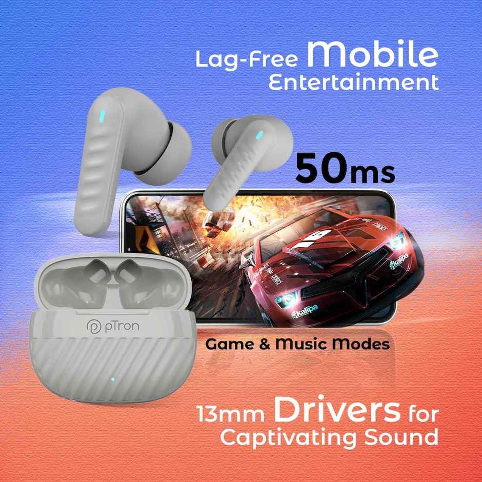 pTron Bassbuds Bliss TWS Earbuds | TruTalk ENC Calls | 40H Playtime | 50ms Game/Music Mode - Grey
