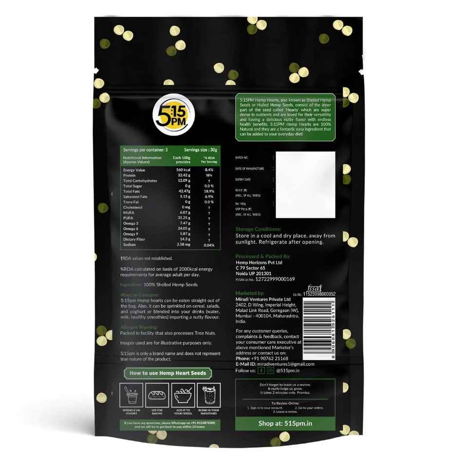 5:15PM Hemp Hearts 150g | Hulled Hemp Seeds for Eating | Raw Shelled Hemp Seeds Vegan