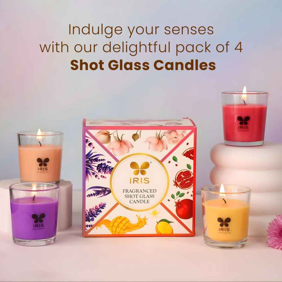 Shot Glass Candles | Damask Rose,Mango Sorbet,Peach & Pomegranate | Pack of 4 | IRIS