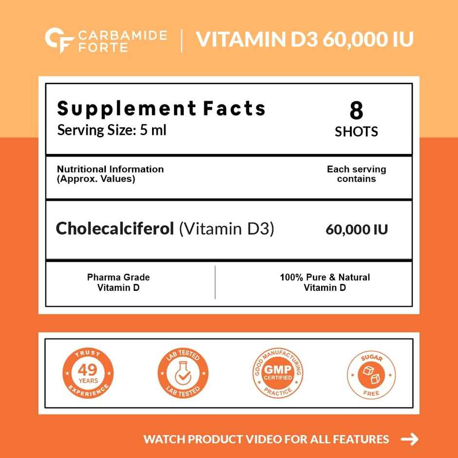 Carbamide Forte Vitamin D3 Shots 60000 IU | Vitamin D Supplement | 8 X 5 ML