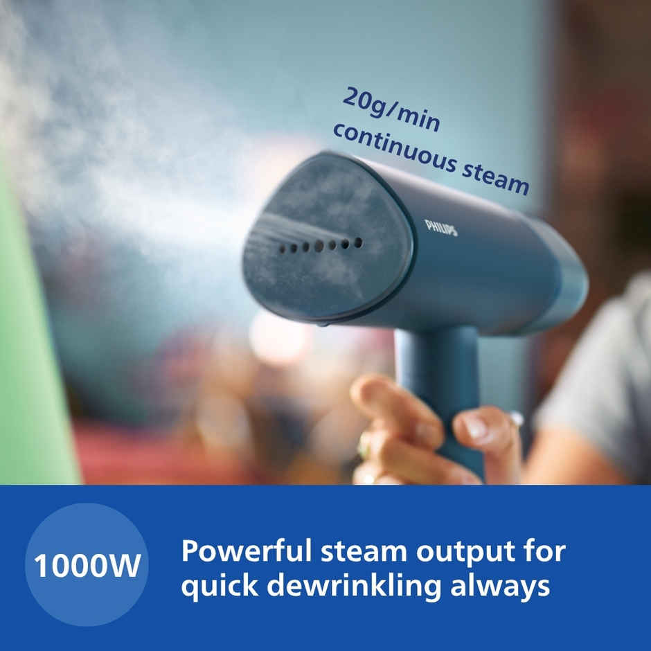 Philips STH3000/20 Handheld Garment Steamer, 1000 Watt, Compact & Foldable, Convenient Vertical Steaming, Kills 99.9% Bacteria - Reno Blue