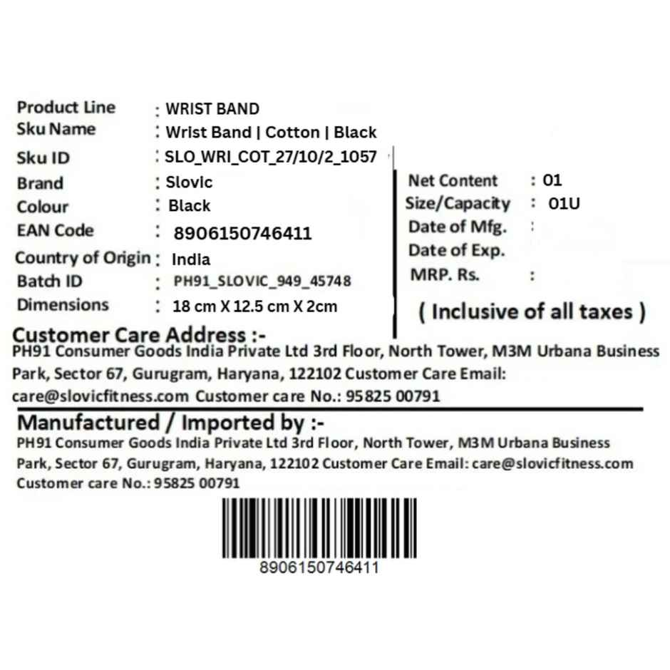 Slovic Cotton Wrist Band for Men & Women, Stretchable | Breathable & Sweat Absorbing | Black