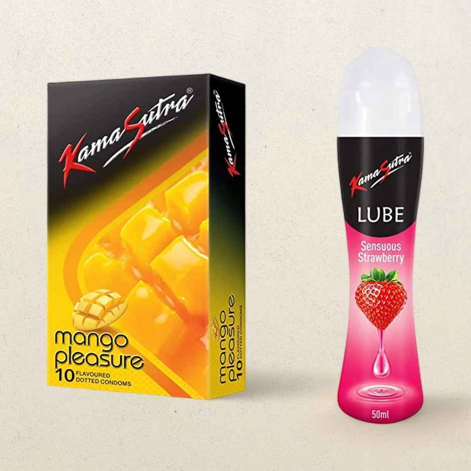 Kama Sutra Mango Pleasure Flavoured Condoms(10pc) & Kama Sutra Personal Lube Strawberry(50ml) Combo