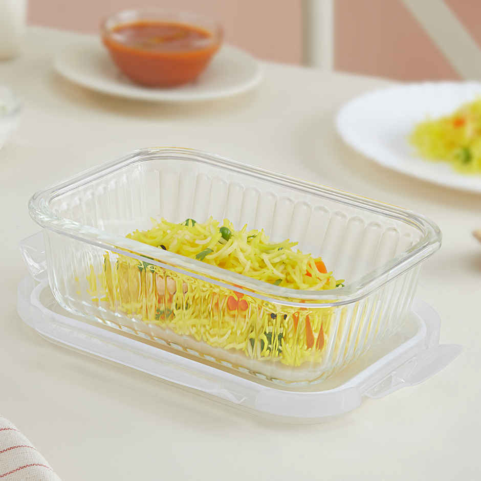 Borosil Fluted Klip N Store Rectangle Food Storage Container Borosilicate Glass Microwave Safe