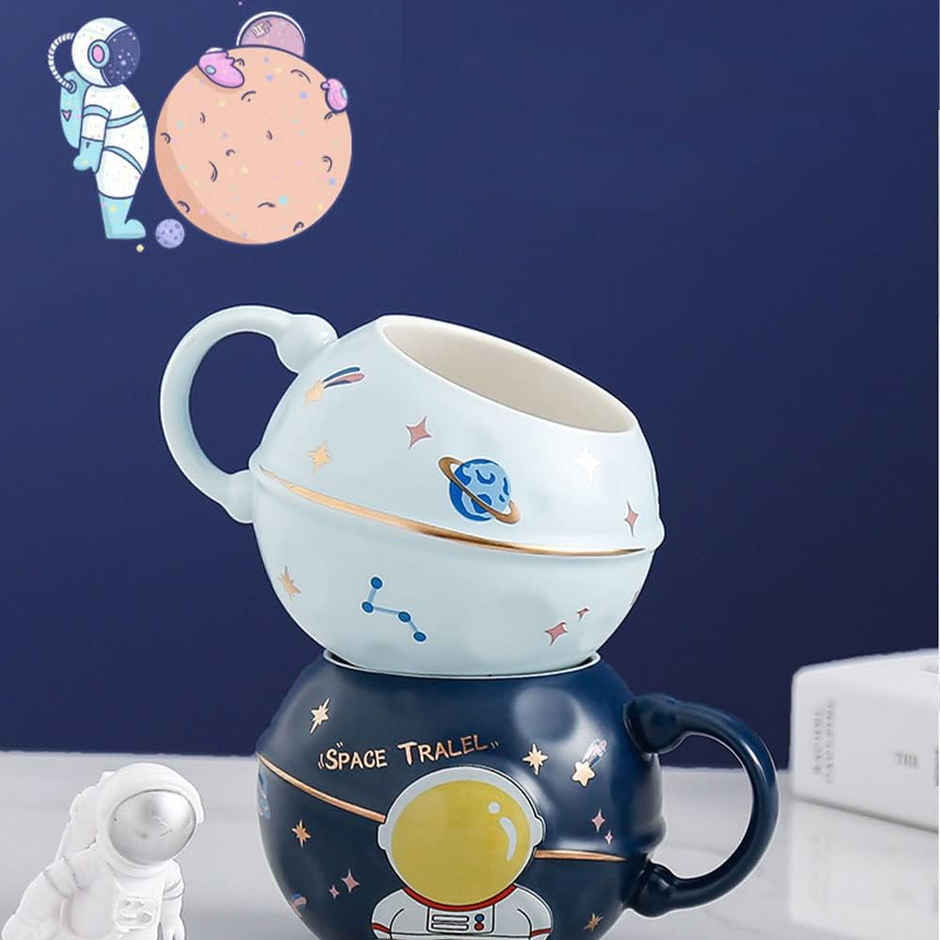 Se7en Astronaut Design Ceramic Coffee Mug with Lid & Spoon Assorted Colour